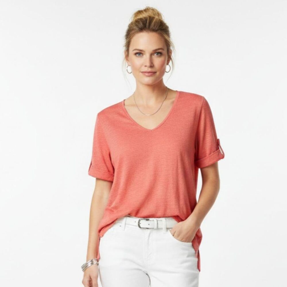 Tahari‎ 100% Linen Coral Orange Short Sleeve Tee T Shirt Top M